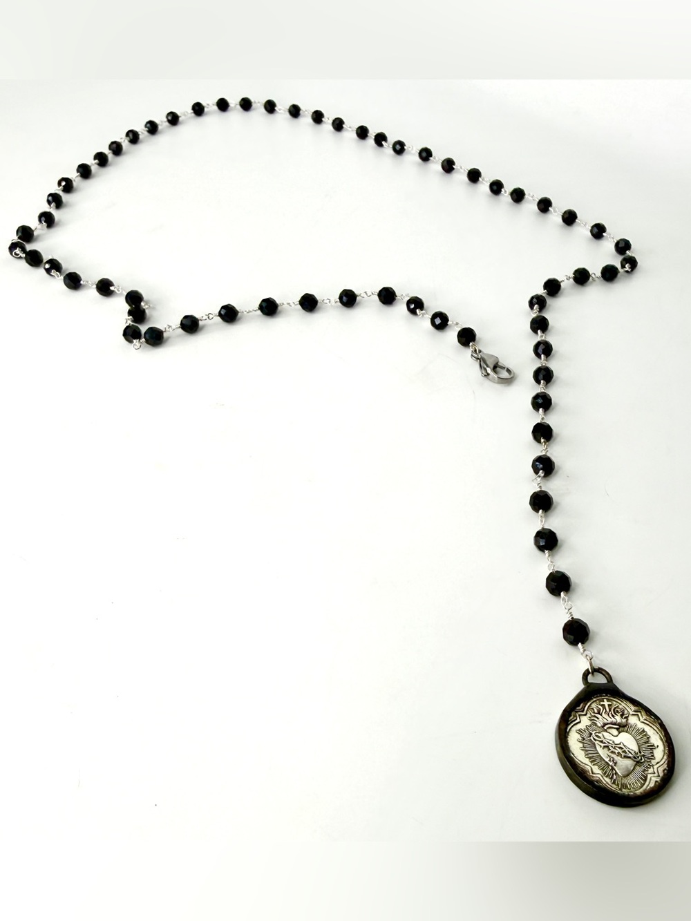 Long Adjustable Sterling Silver Wire Wrapped Black Spinel Necklace, Sacred Heart